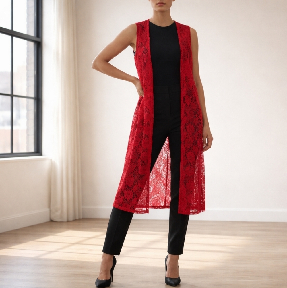 LuLaRoe Joy Red Lace Long Vest / Duster